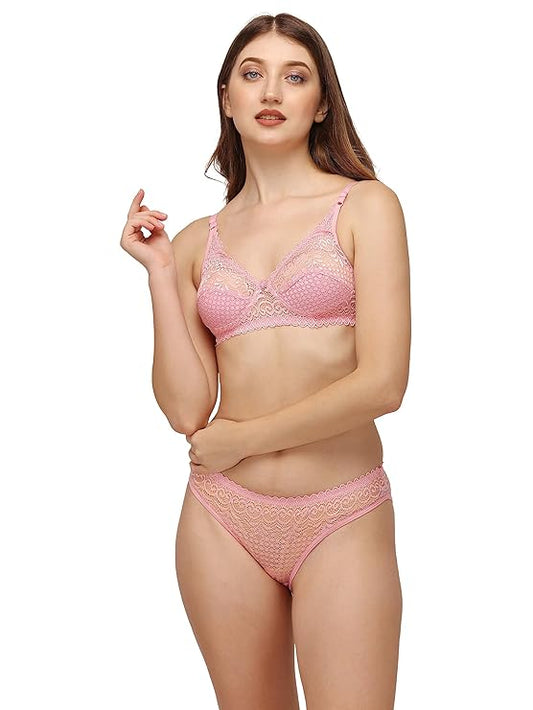 Fashokart Women's Lace & Net Non Padded Non-Wired Regular Bra Fancy Bra with Panty Set Bridal Floral Lace